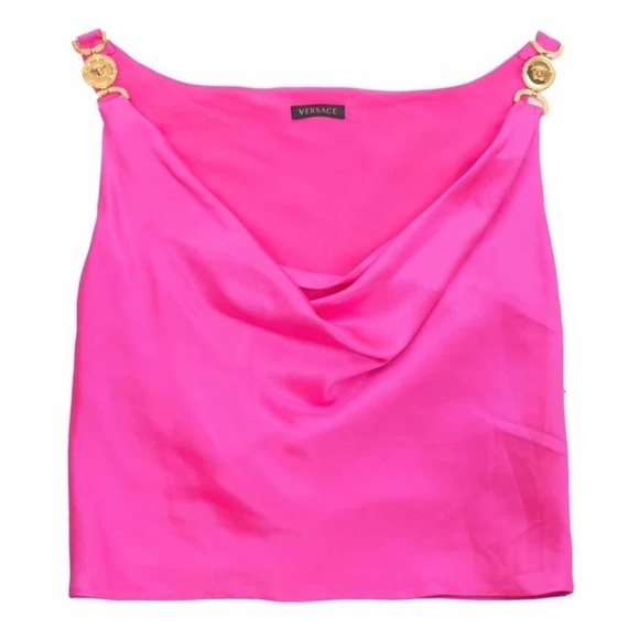 Versace Tops - Versace Medusa cowl neck pink silk top with gold hardware